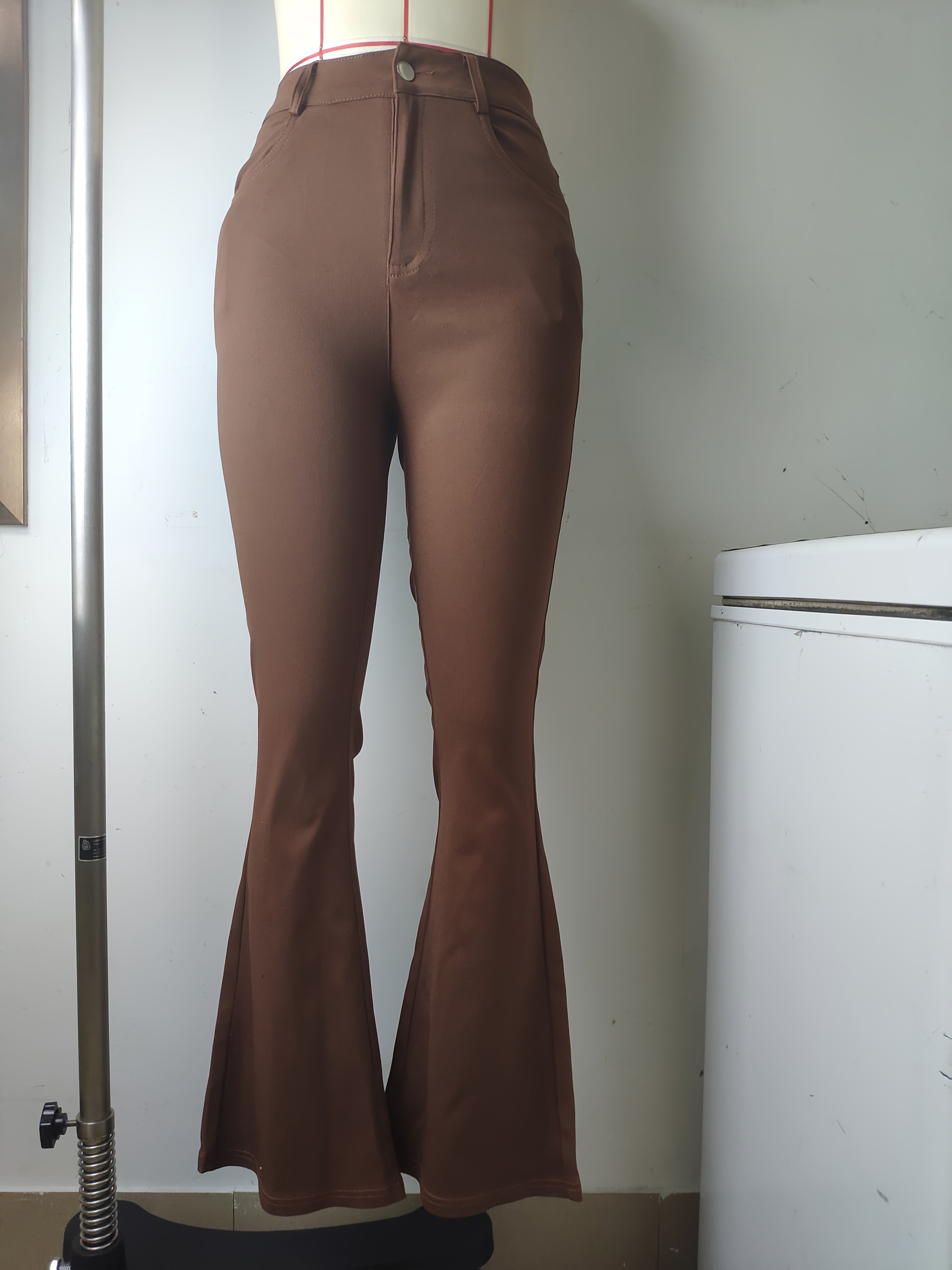 Women's Elegant High-Waist Black Denim Flare Jeans - Stretchy, Bell Bottom with Slash Pockets and Button Closure, Versatile All-Season Wear