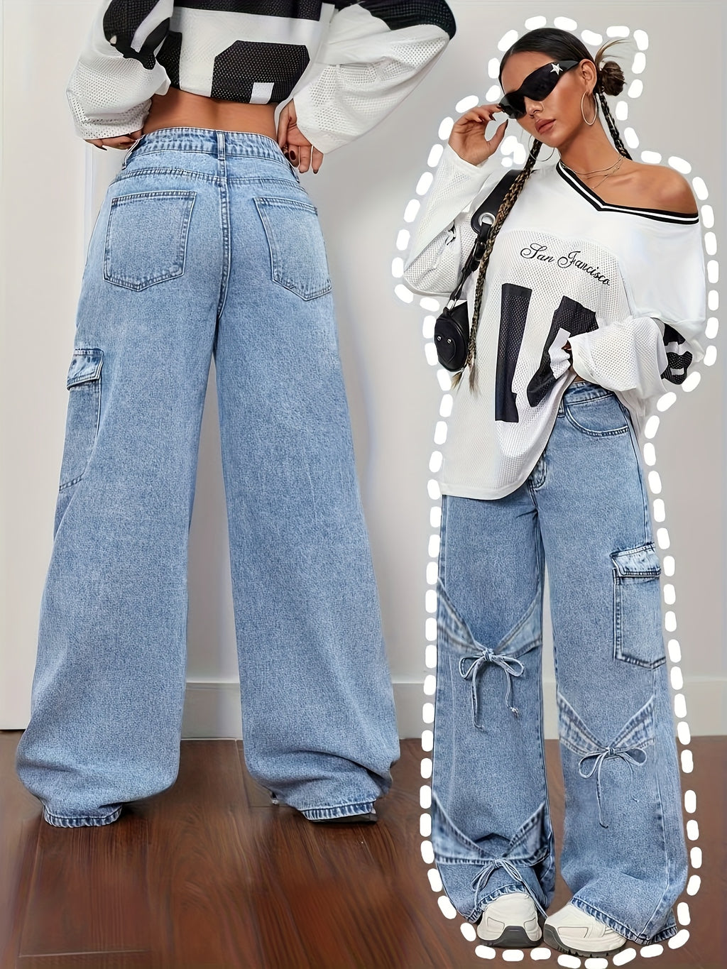 Denim Curved Bow Side Pocket Straight Trousers