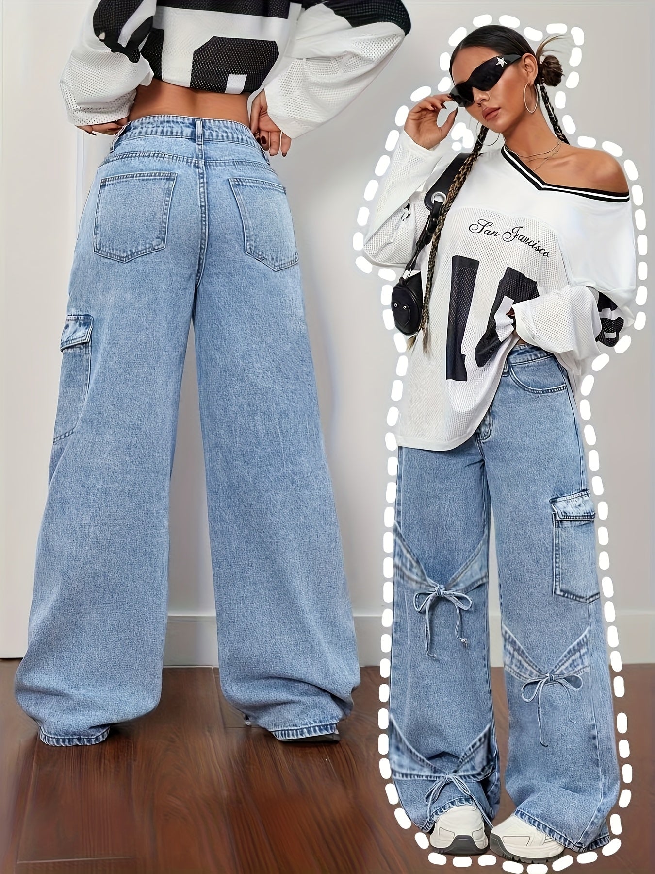 Denim Curved Bow Side Pocket Straight Trousers