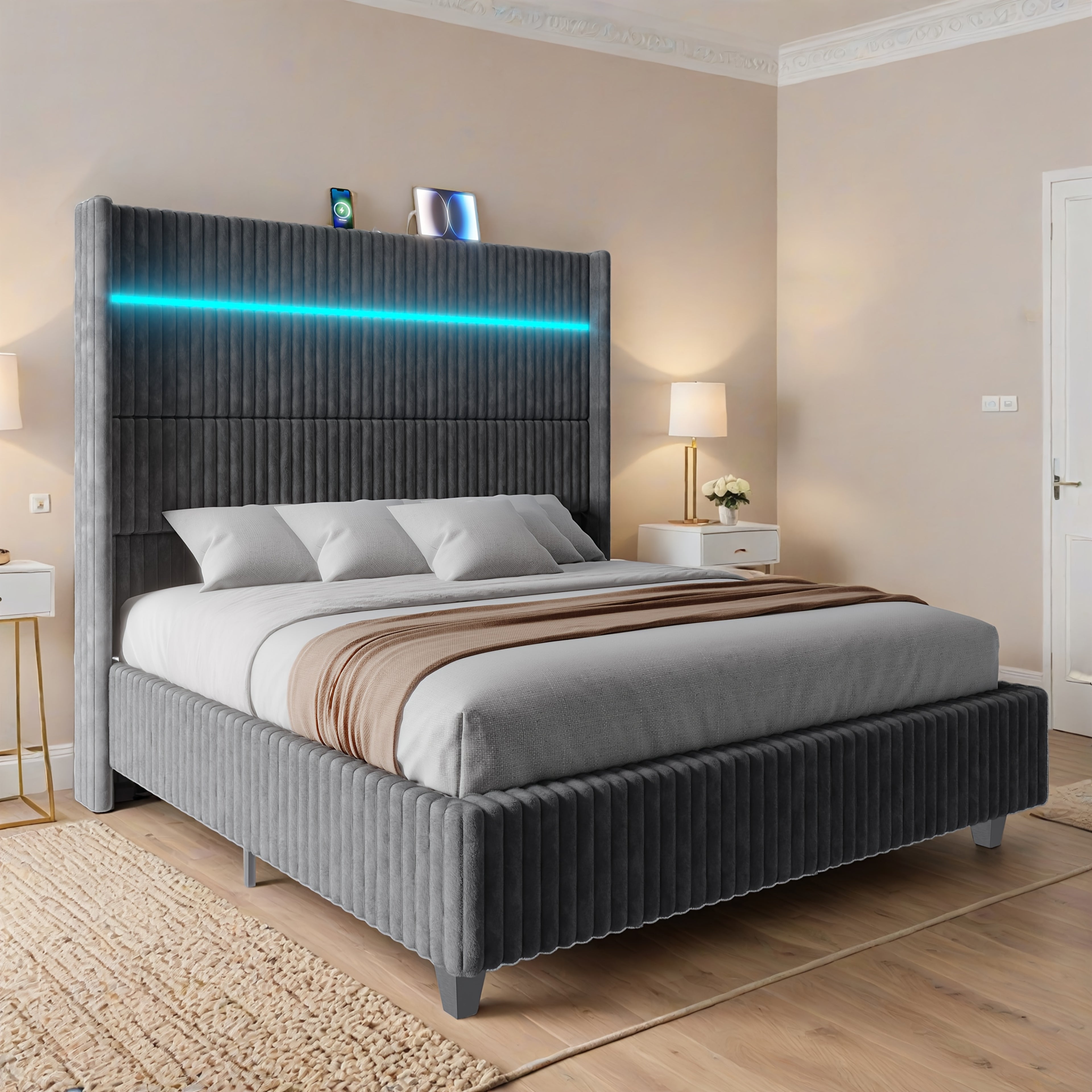 Queen/King Size LED Platform Bed Frame-60" Wingback Corduroy Headboard With USB Charging Station
