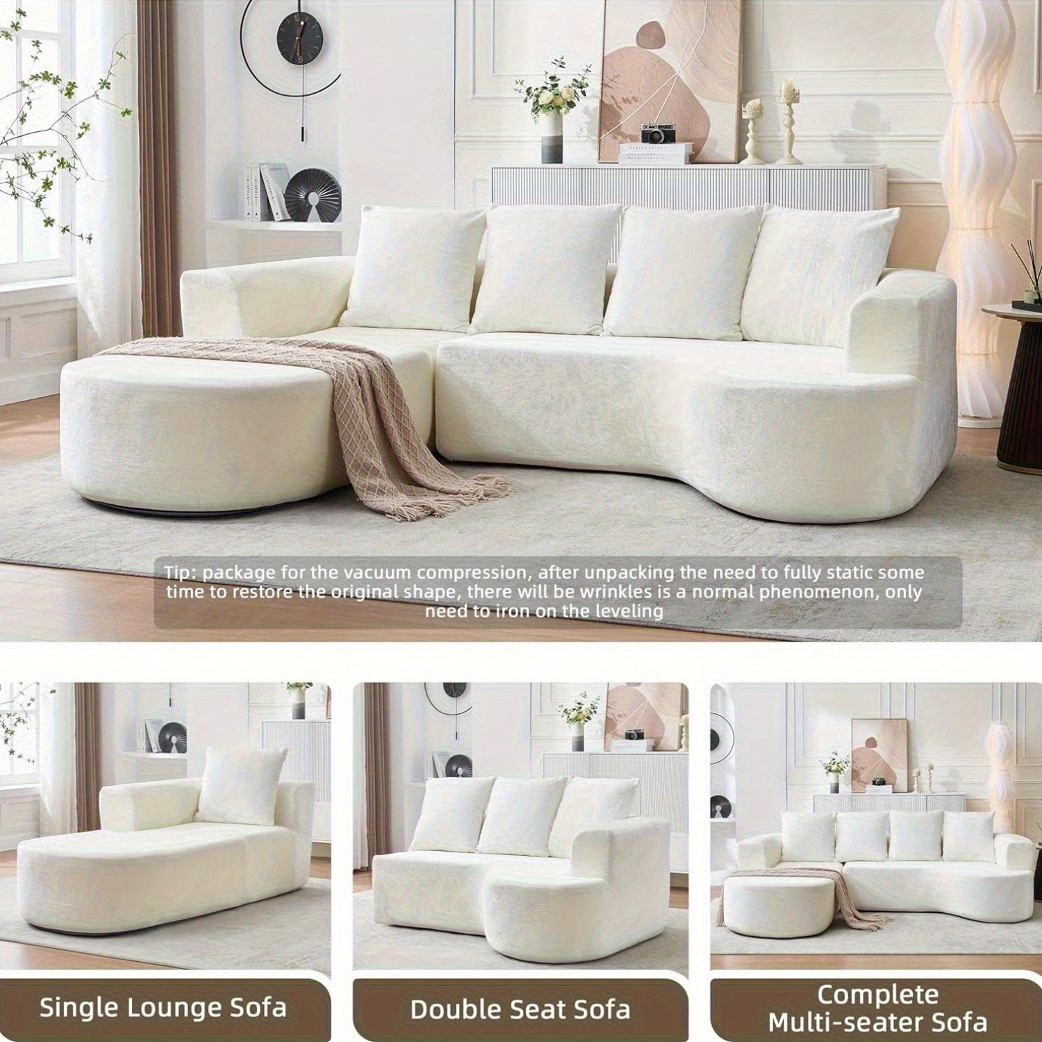 100'' Modern Curved Sofa Couch With Chaise And 4 Pillows