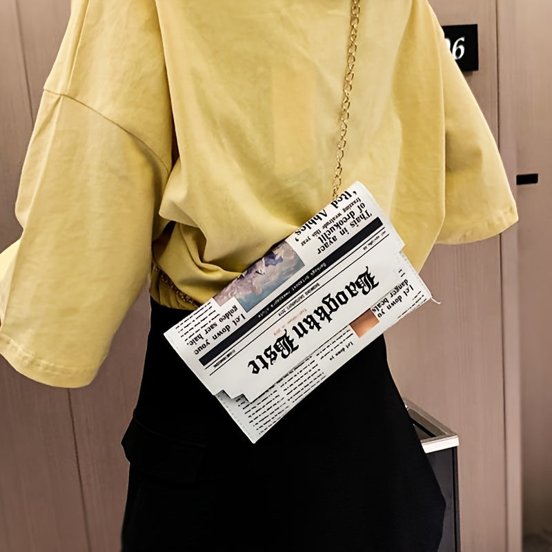 Trendy Chain Crossbody Newspaper Clutch Bag - Women's Envelope Flap Purse For Party Prom