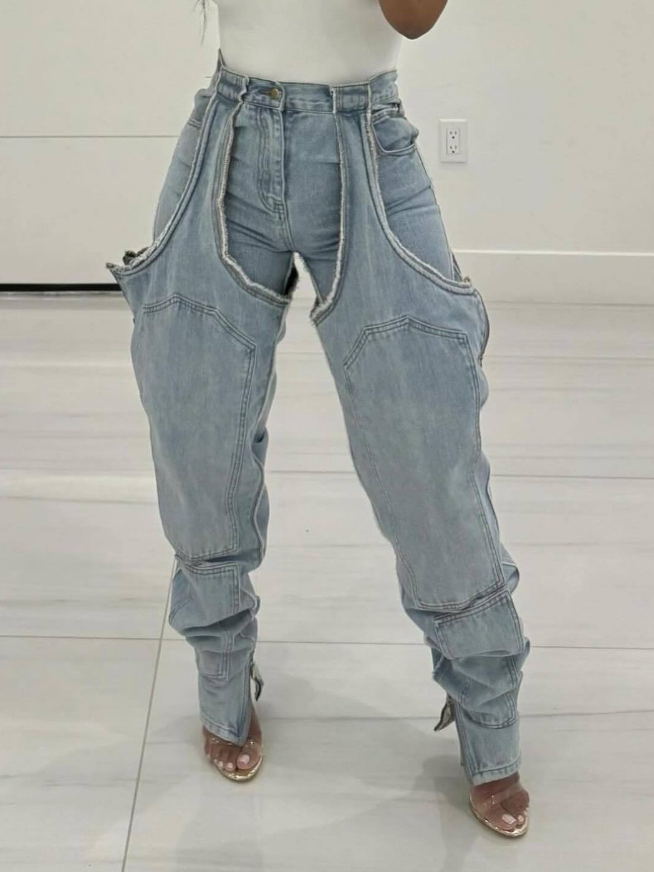 High-Waisted Distressed Jeans