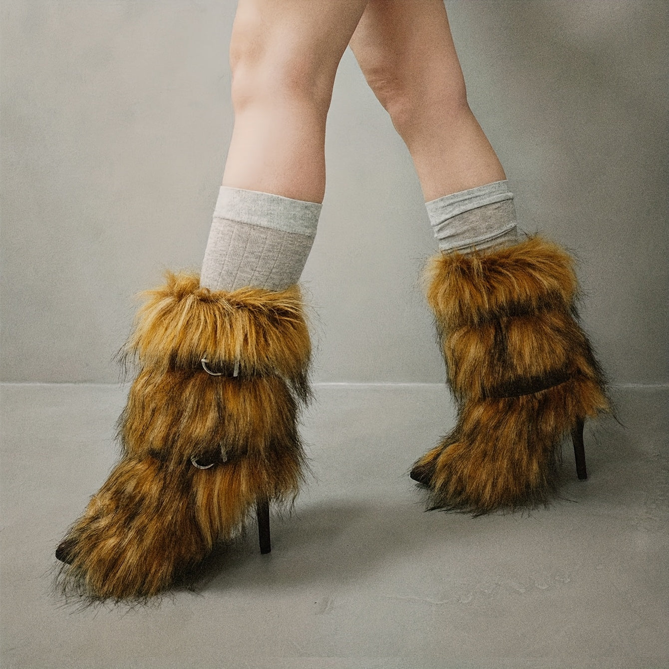 Faux Fur Plush Short Boots with Stiletto Heels