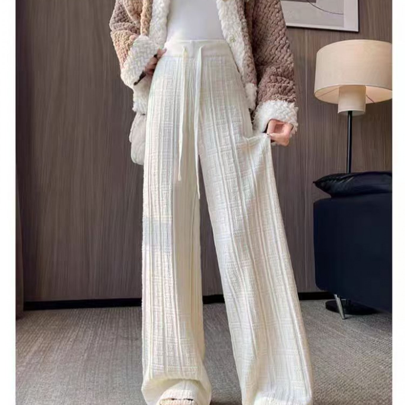 Women'S High-Waisted Wide-Leg Trousers - Elegant Solid Black/Color with Drawstring Waist & Belt, Structured Jacquard Fabric, Loose-Fit Straight-Leg Design for Resortwear, Casual to Formal Events - Spring/Fall Trousers (2025 C