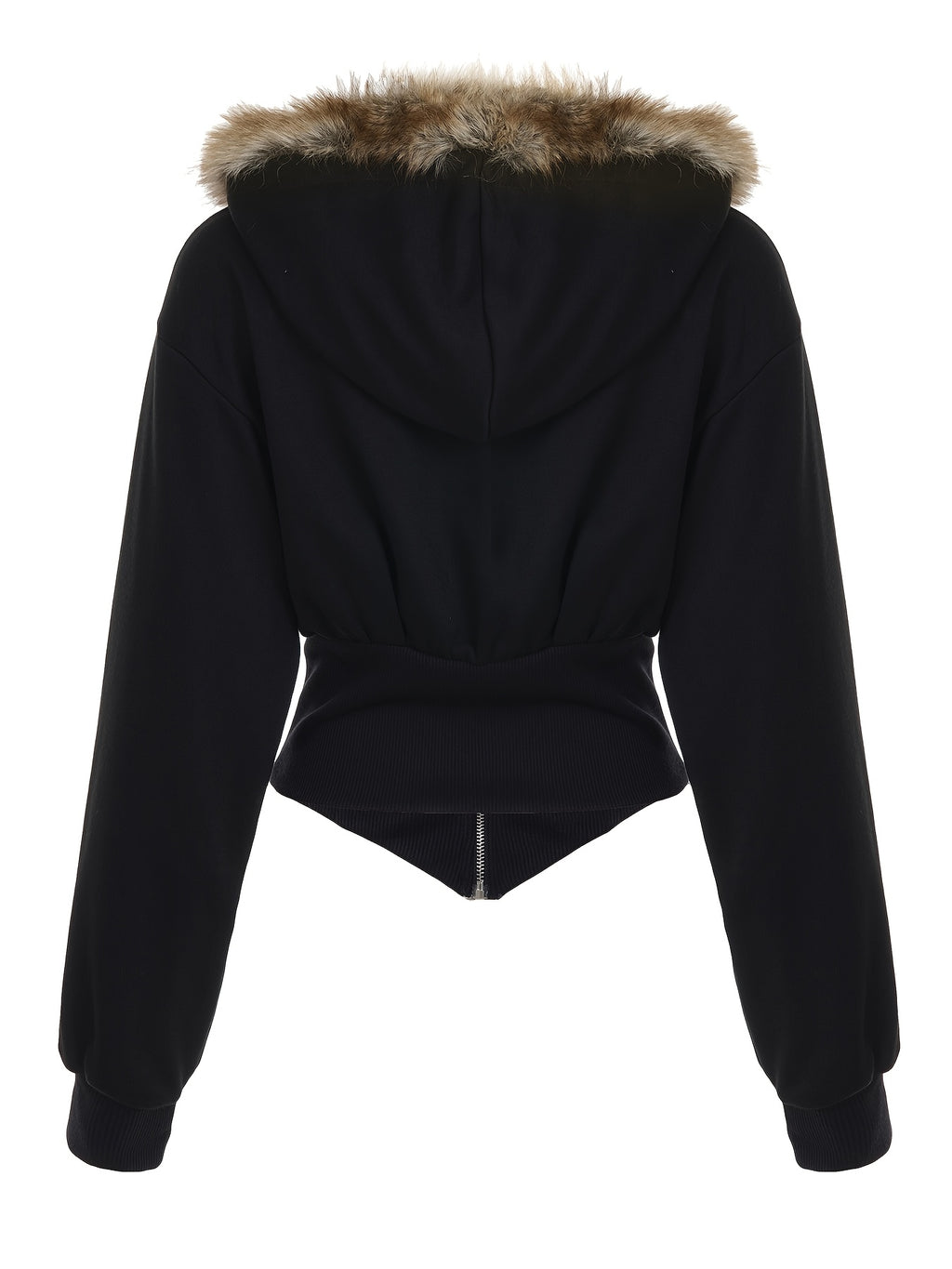 Y2K Print Waist-Cinching Hooded Jacket with Faux Fur Collar and Zipper for Autumn/Winter