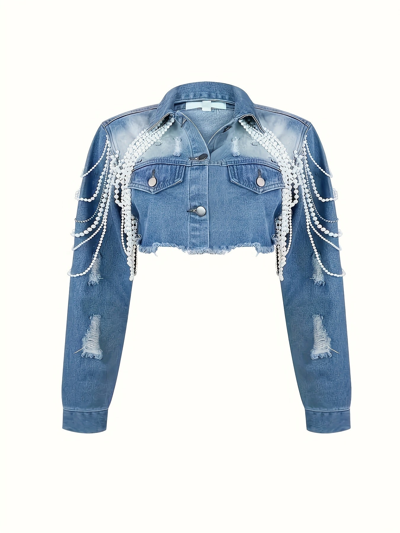 Light Blue Denim Jacket with Pearl Chains