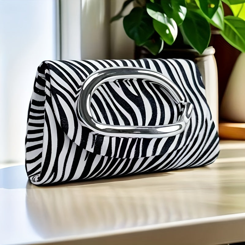 Women'S Elegant Evening Clutch Purse - Magnetic Closure & Detachable Chain Strap, Black & White Zebra Stripe Pattern, Corduroy Formal event bag for Parties, Weddings, Everyday - Luxury Party Handbag Gift for Women, Ladies Han