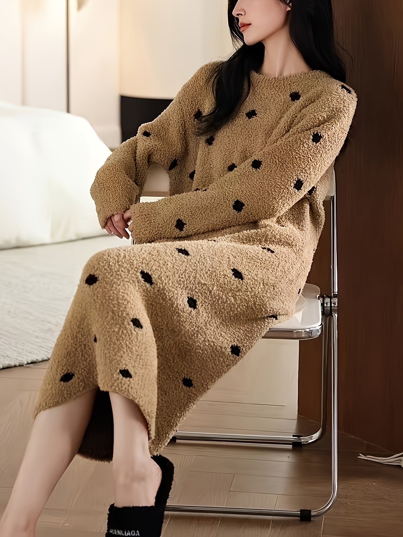 [Striped Pajama Dress] Women's Long Wave Dot Pajama Nightdress - High-Stretch Winter Sleepwear with Round Neck, Floor-Length Soft Brown & Black Horizontal Striped Design, Machine Washable Cozy Lounge Dress for Adults, Comfort