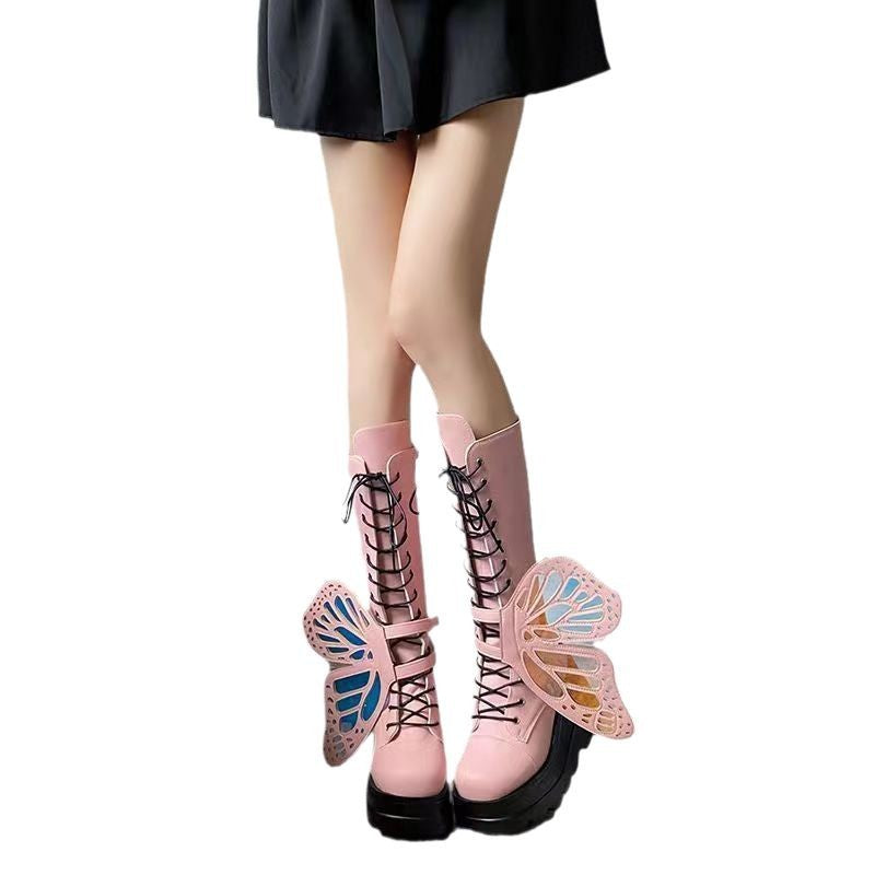 Punk Gothic Chunky Platform Boots with Butterfly Lace-Up Ankle & Calf Straps