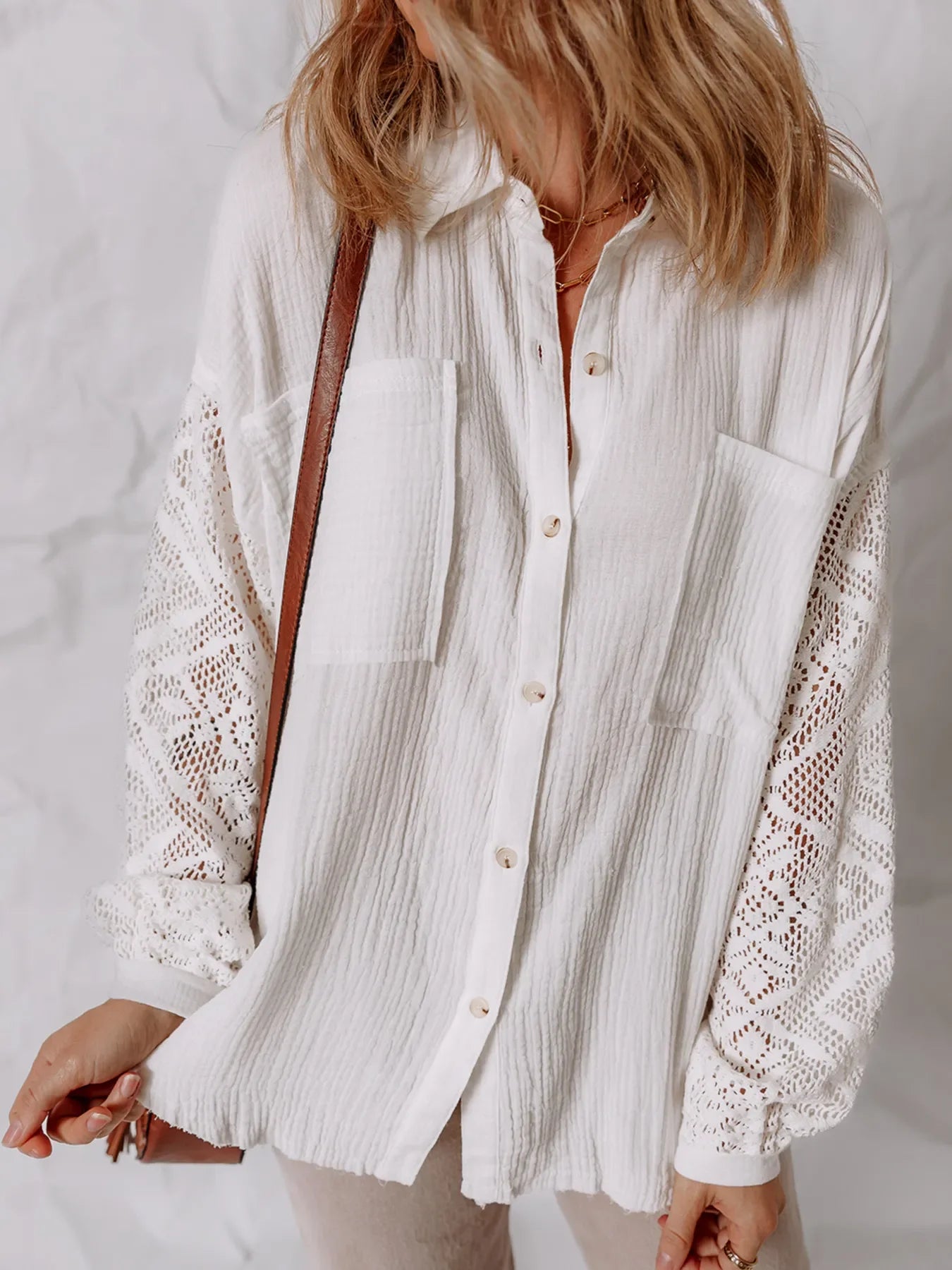 Lace Sleeve Button Down Shirt
