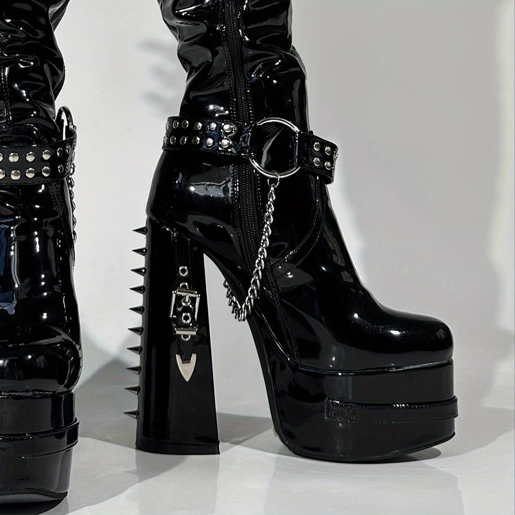 Black Rivet & Chain Studded Platform Knee-High Boots