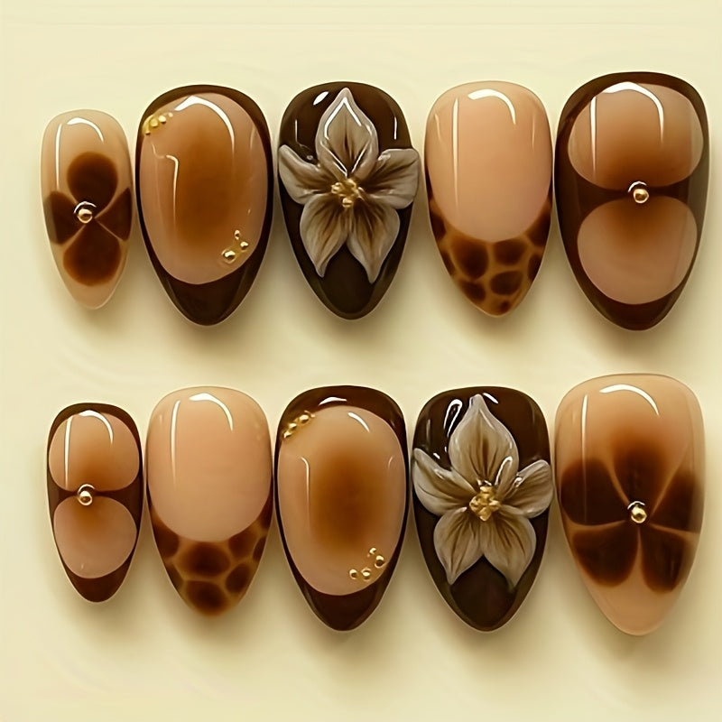 {10pcs} Beige/Brown Handmade Press-On Nails Full Set