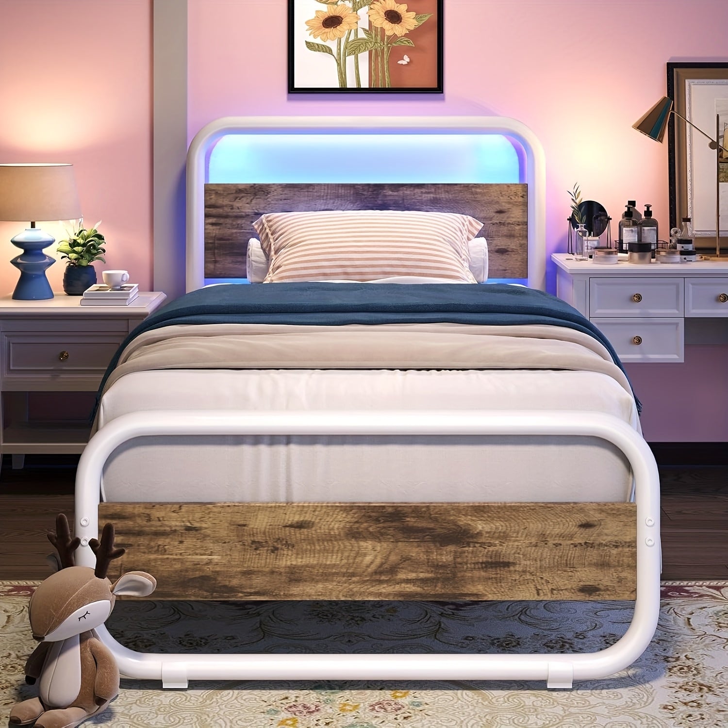 Twin Full Queen King Size Black/Brown/Grey/White Bed Frame with Wood Headboard