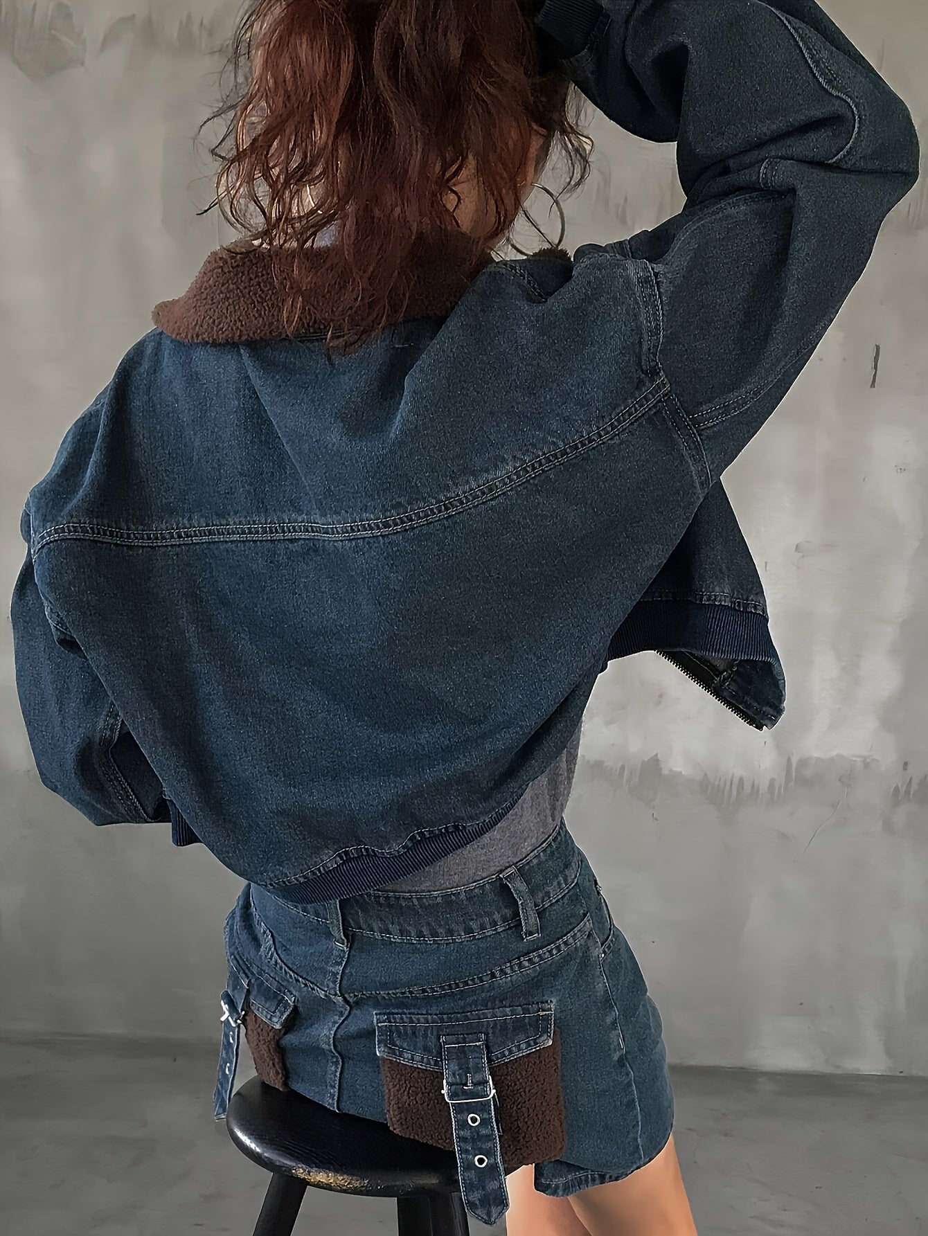 Denim Jacket with Teddy Fleece Collar & Lapel