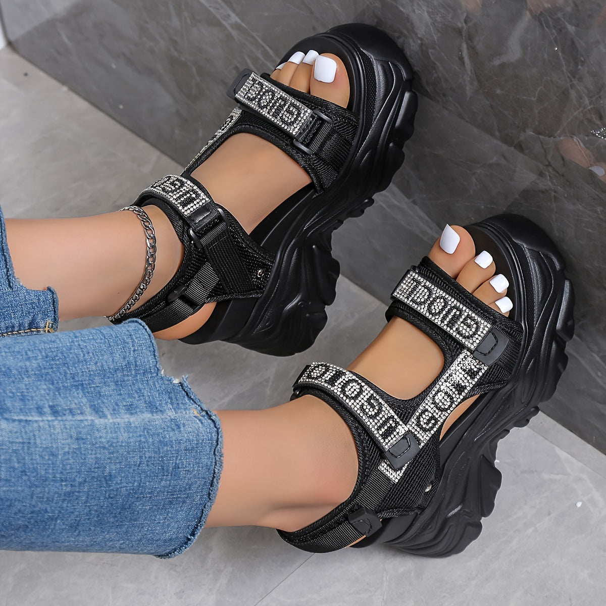 Women's Rhinestone Platform Sandals - Black Open Toe High Heel, Breathable Mesh Upper & PU Sole, Fashionable Summer Shoes with Closure for Casual or Party Wear, Casual Footwear | Rhinestone Embellishments, High Heel Sandals