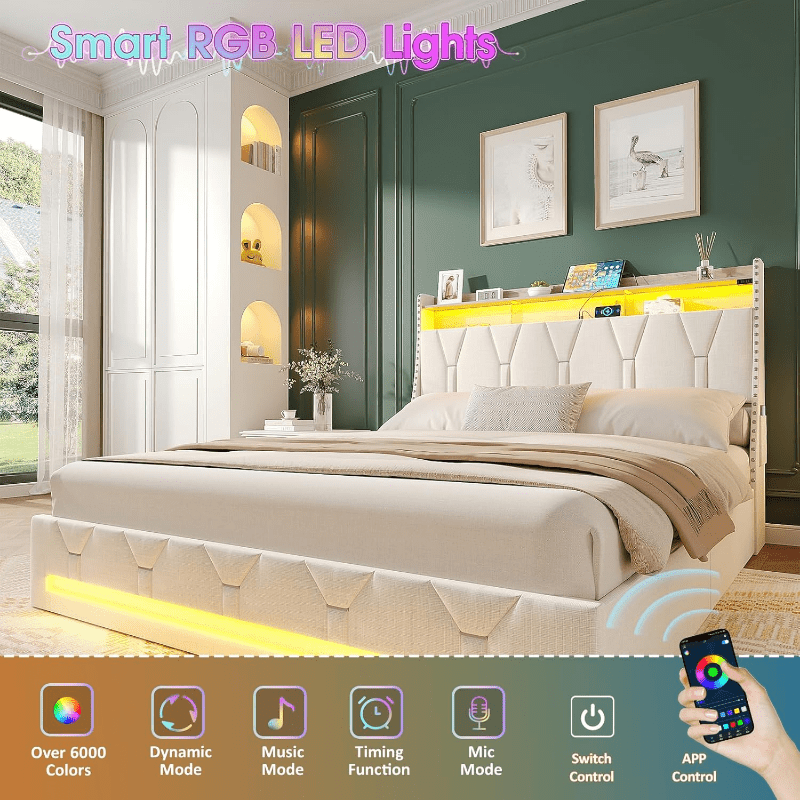 Bed Frame with Storage Drawers, Upholstered Platform Bed Frame Including Headboard, Charging Station & LED Lights, No Box Spring Required, Beige Color