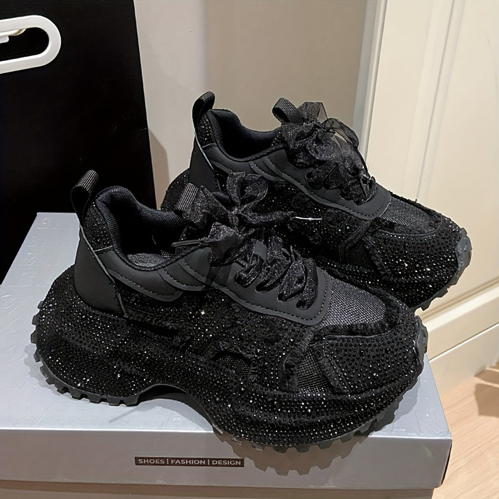 Rhinestone-Embellished Sneakers with Thick Platform Sole