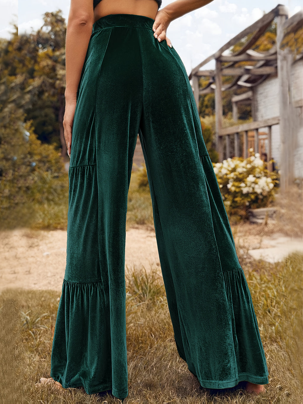 Women's Green Wide-Leg Trousers - High-Waisted Winter Pants with Ruffled Hem, Deep Green Trousers for Fall/Winter, Machine Washable Elegant Stretch Fabric (No Dry Clean) - Casual to Formal Outfits (Office, Party) - Trousers f
