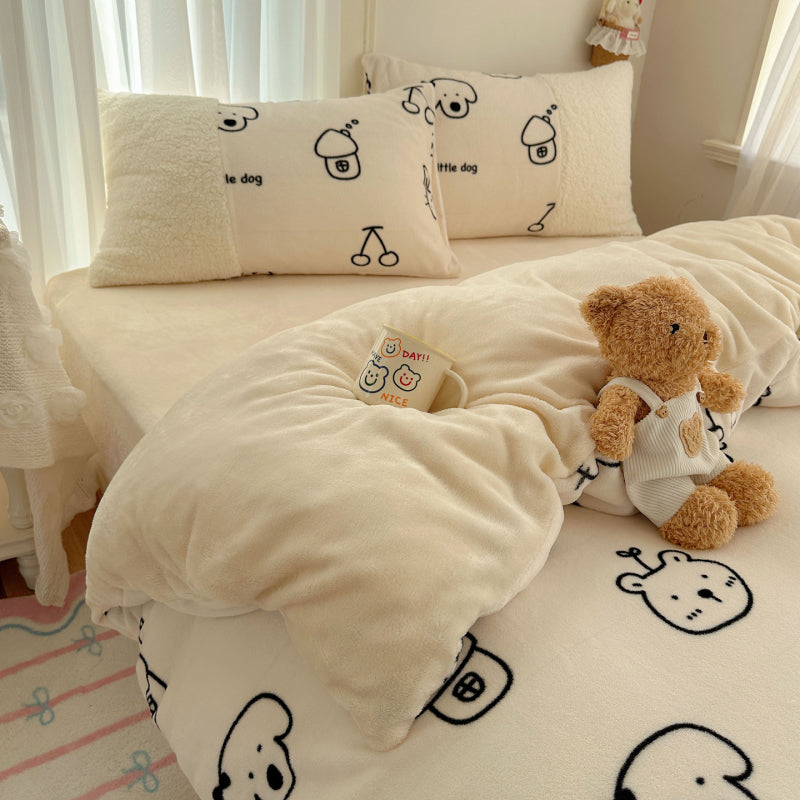 {3/4pcs} Cartoon Lambskin + Milk Velvet Set