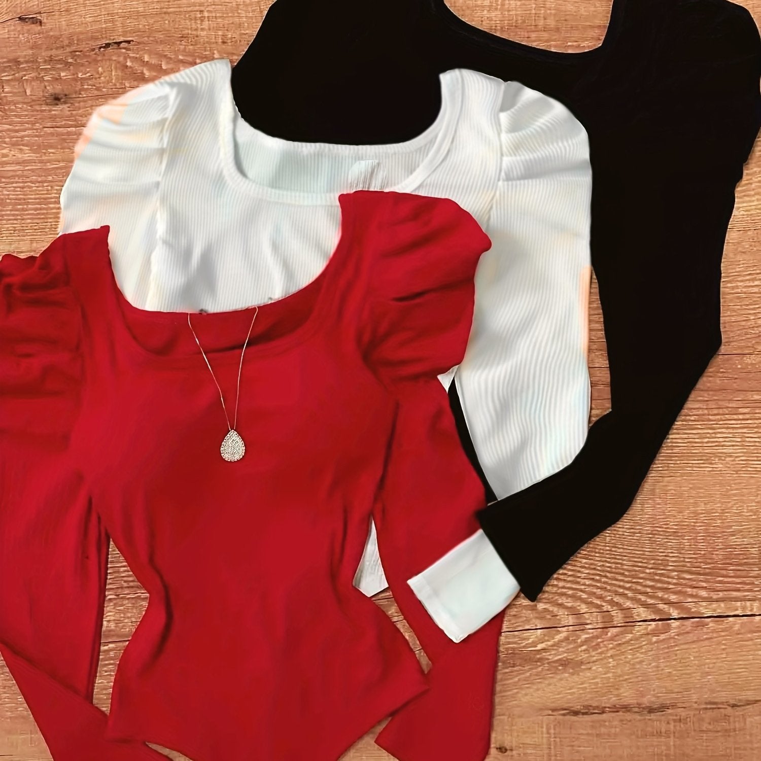 {3pcs} Long Sleeve Bodysuit with Puff Sleeves & Large Round Neck Bodysuit