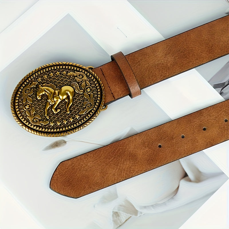 Brown Belt with Ornate Light Golden Horse & Reins Buckle