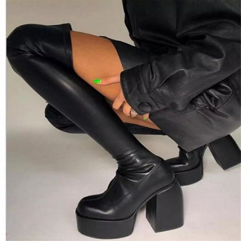 Chunky Block Heel Over The Knee Boots