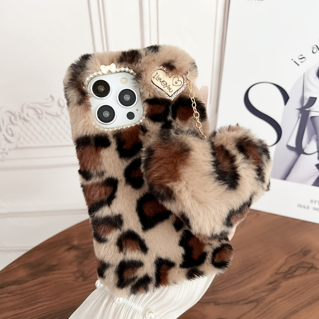 Abstract Colored Leopard Print Matching Lanyard 3D Heart Accessory iPhone Case