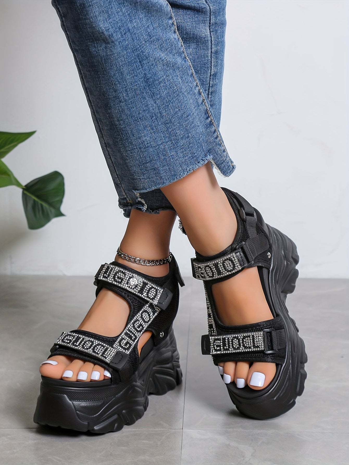 Women's Rhinestone Platform Sandals - Black Open Toe High Heel, Breathable Mesh Upper & PU Sole, Fashionable Summer Shoes with Closure for Casual or Party Wear, Casual Footwear | Rhinestone Embellishments, High Heel Sandals