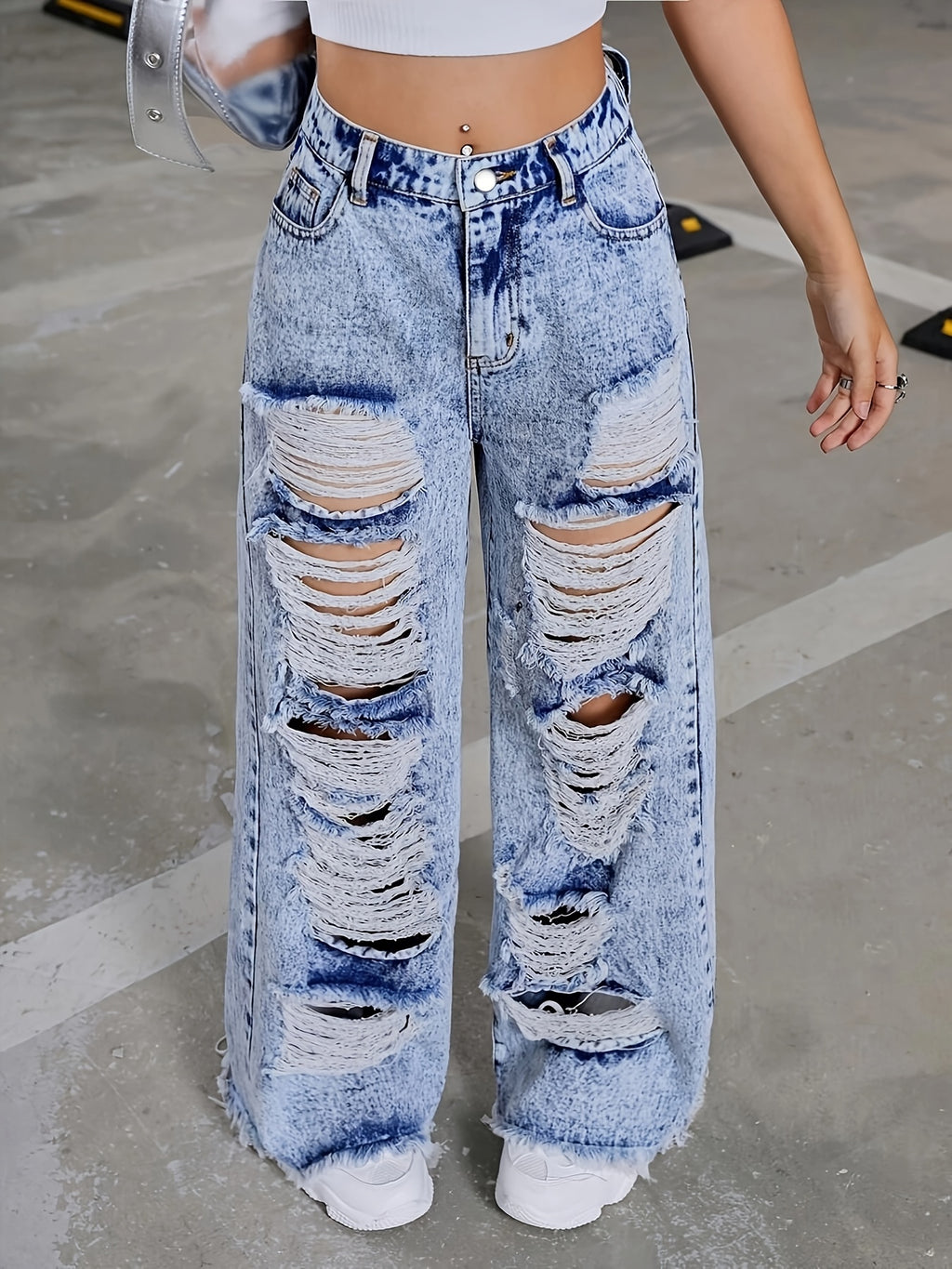 Women'S High-Rise Straight Leg Distressed Denim Jeans - Street Style Raw Hem Ripped Details, Machine Washable Non-Stretch Jeans for All-Season Casual Wear, High Waisted Jeans, Allseason Jeans, Streetstyle Jeans, Nonstretch Fa