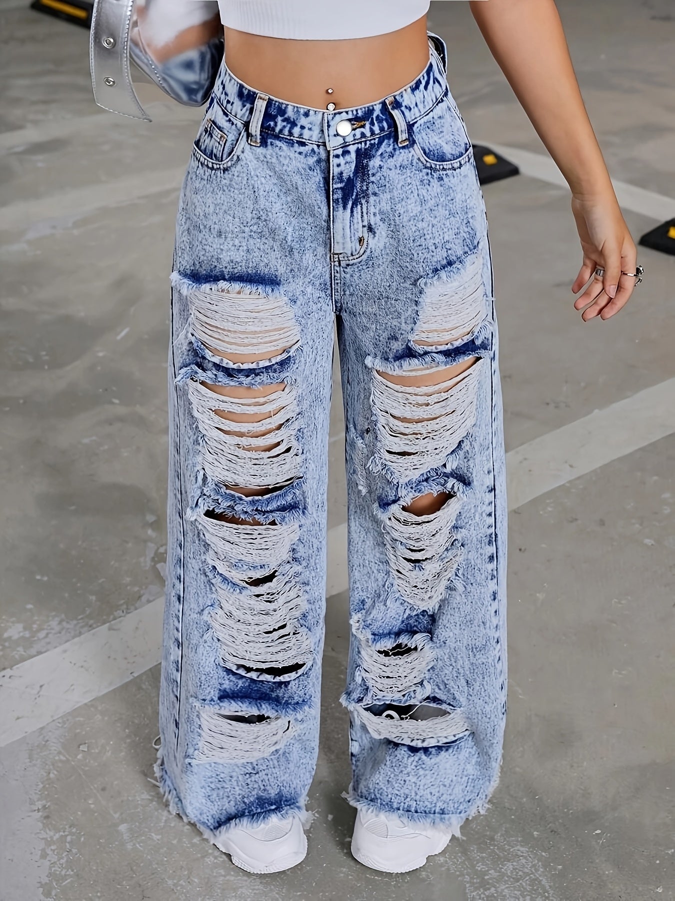Women'S High-Rise Straight Leg Distressed Denim Jeans - Street Style Raw Hem Ripped Details, Machine Washable Non-Stretch Jeans for All-Season Casual Wear, High Waisted Jeans, Allseason Jeans, Streetstyle Jeans, Nonstretch Fa