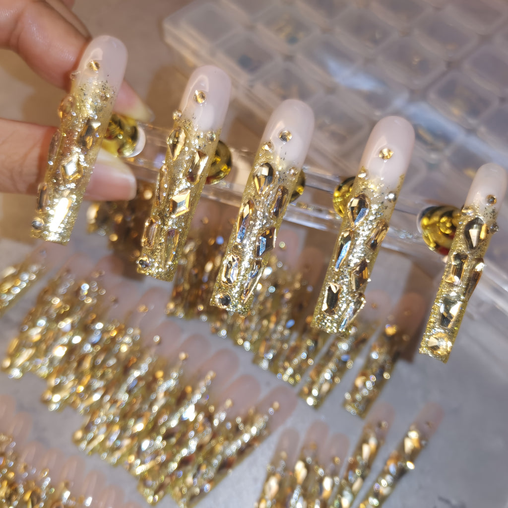 {10pcs} Handmade Champagne Golden Full-Coverage Rhinestone Extra-Long Press-On Nails