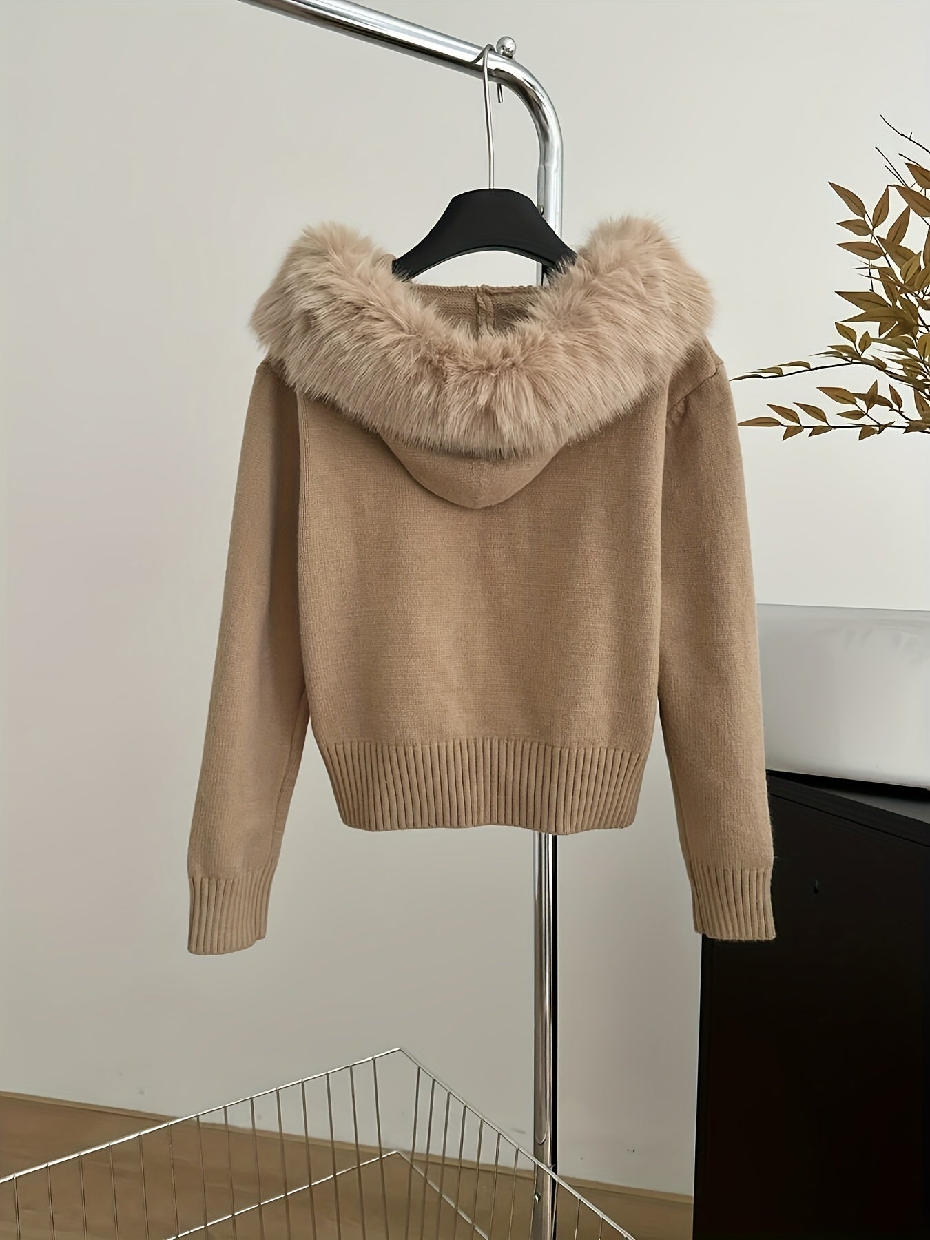 Hooded Zip-Up Cardigan with Faux Fur Trim