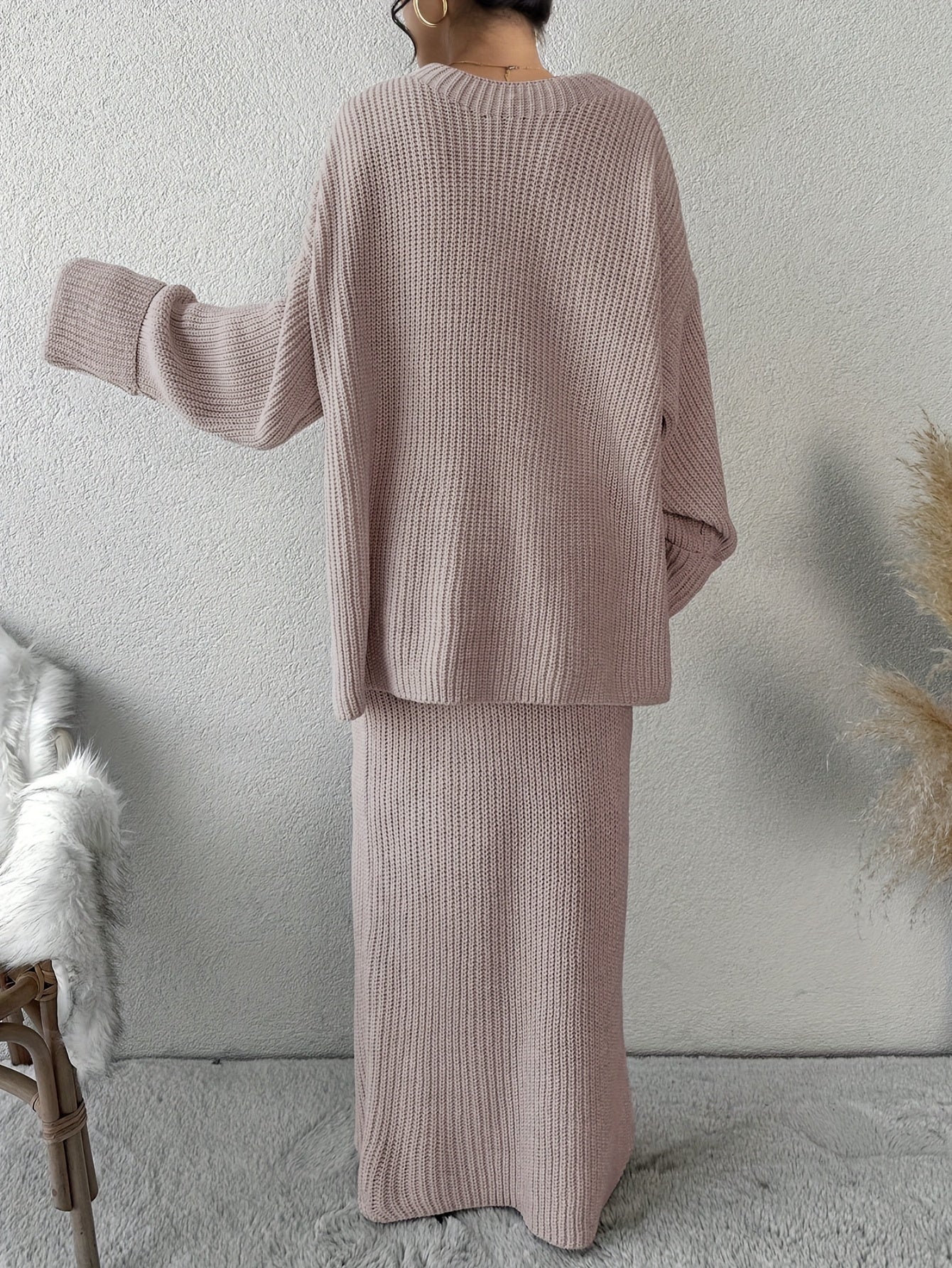 Drop Shoulder Ribbed Crew Neck Sweater Set and Maxi Dress