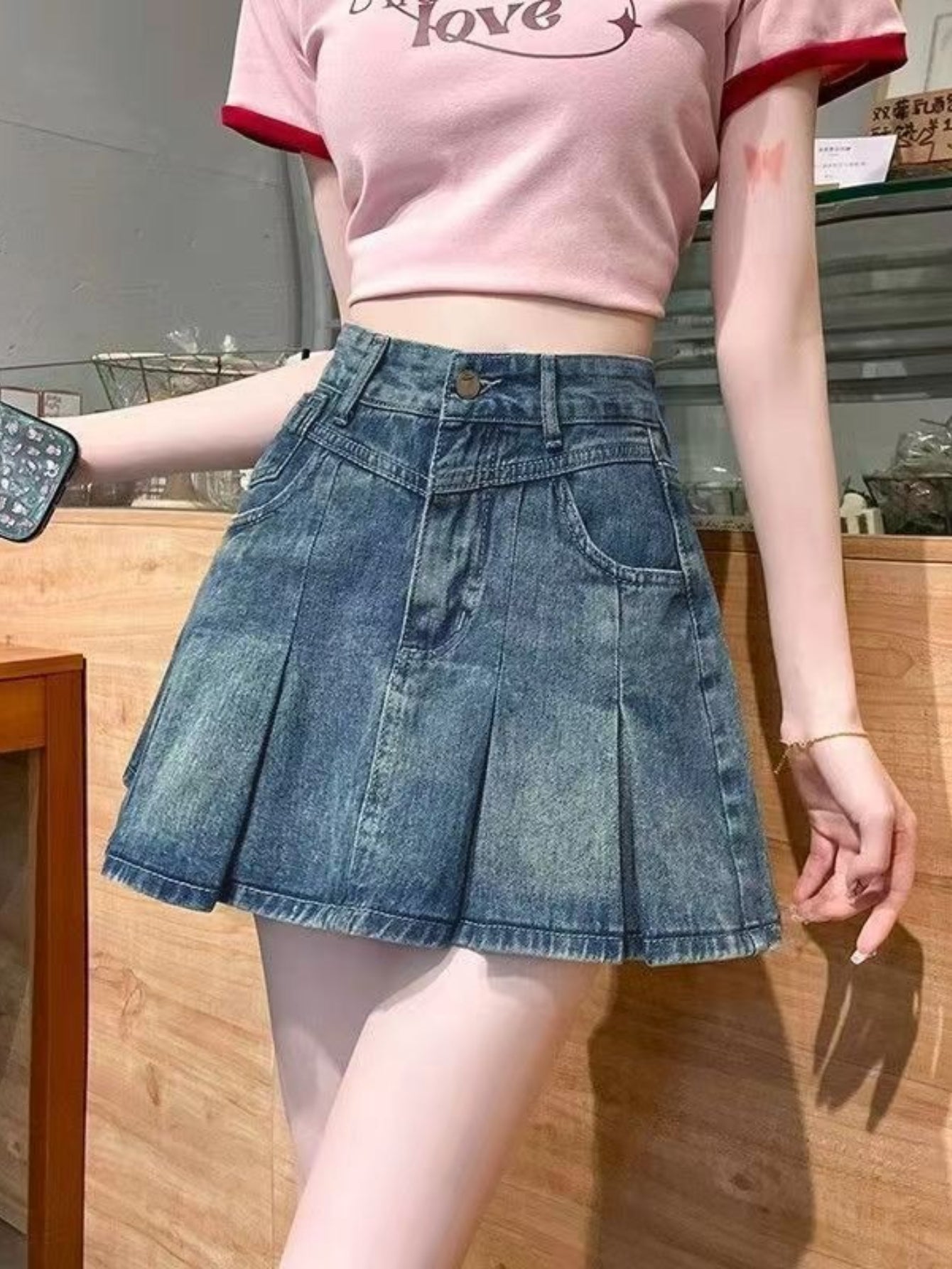Ruffle Pocket Denim Pleated Mini Skirt