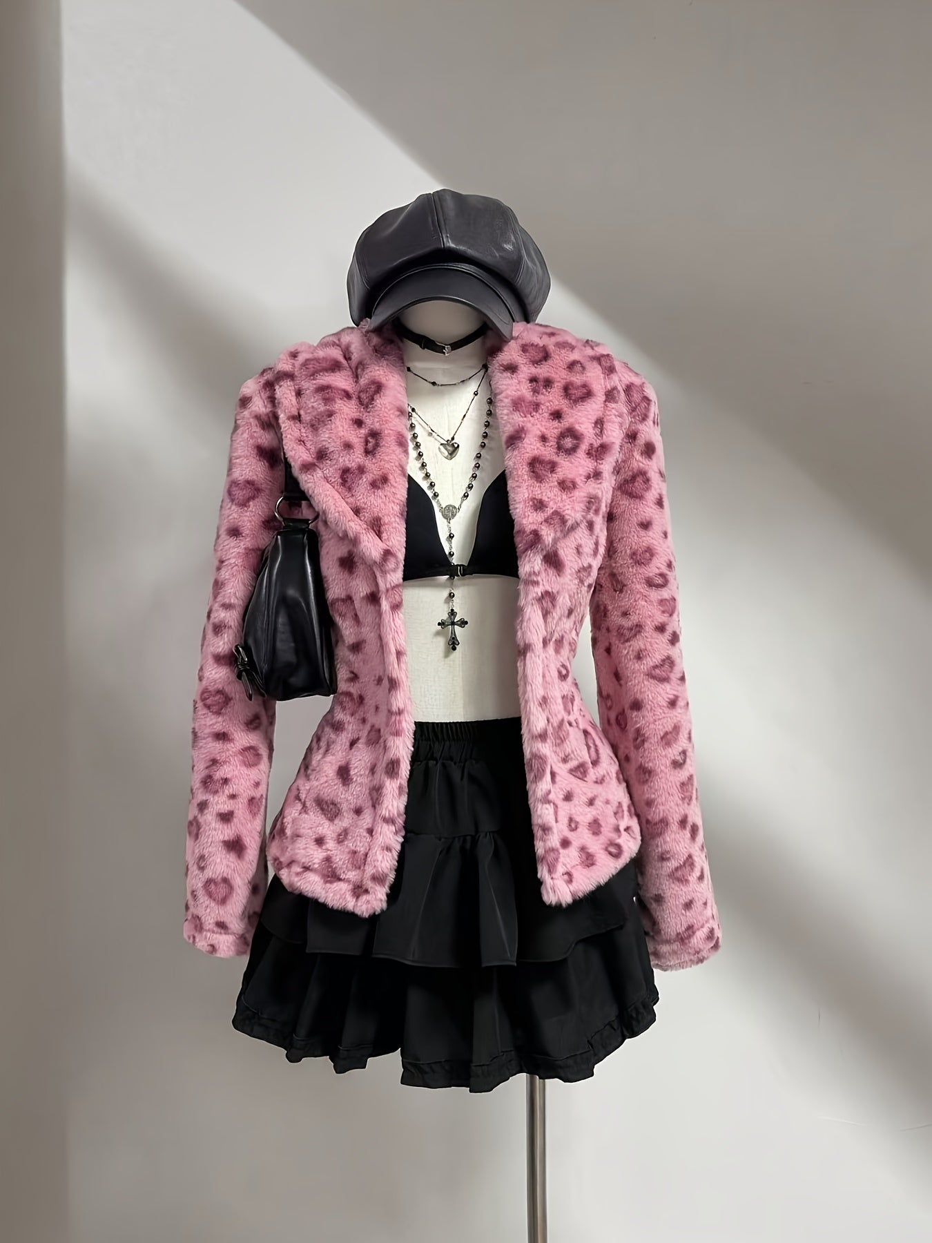 Women's Retro 80s Inspired Pink & Black Leopard Print Lapel Collar Blazer Jacket - Faux Fur Trim, Structured Lapel Collar, Machine Washable All-Season Outerwear with Faux Fur Hem & Trim, Elegant A-Line Silhouette for Layering