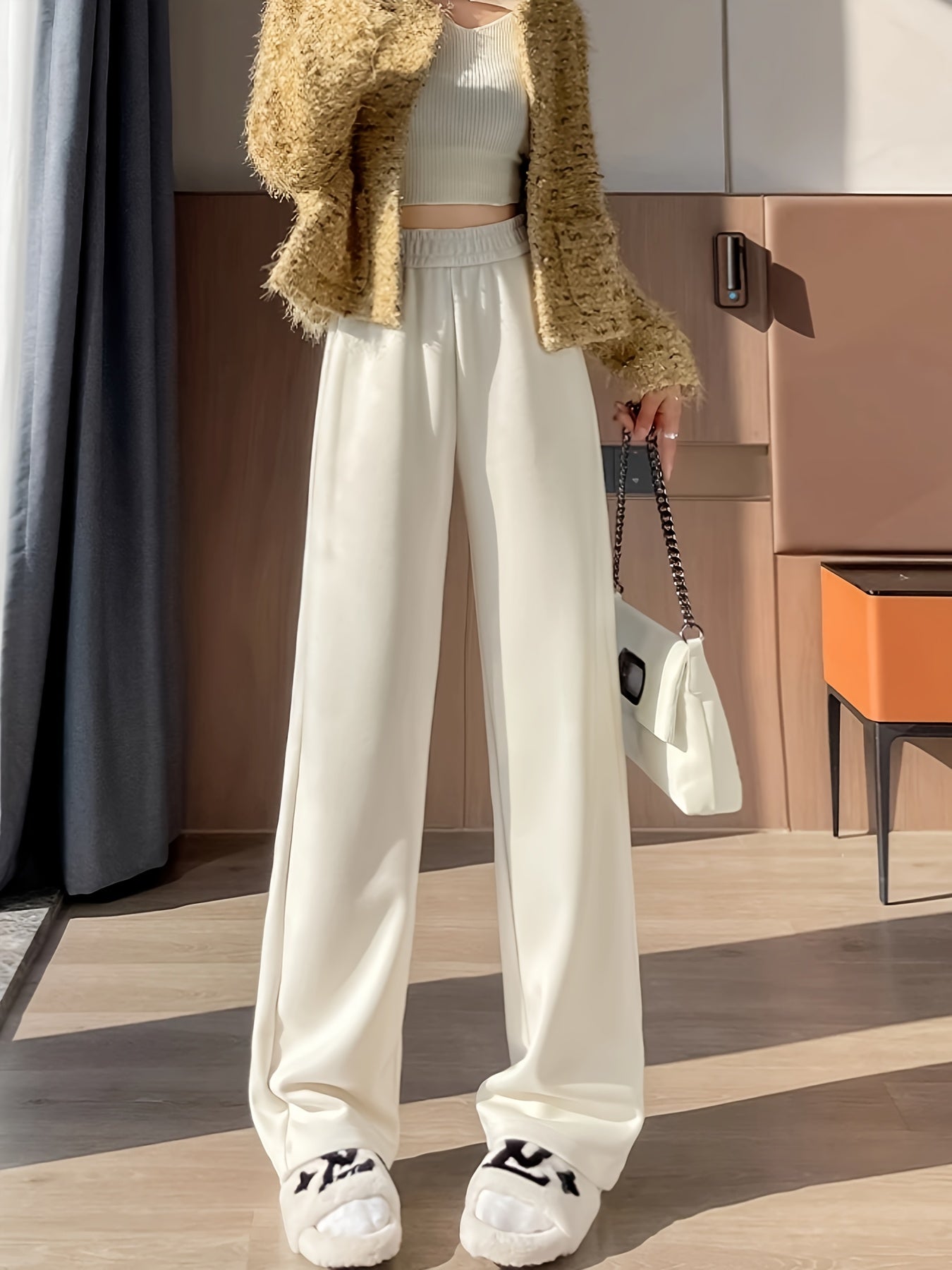 Women'S High-Waisted Wide-Leg Pants - Thick, Comfortable, and Stylish for All Seasons, Casual Straight-Leg Trousers with Elastic Waistband, Solid Color, All-Season Wear, Comfortable Fashion | Straight Leg Pants | Polyester Fa