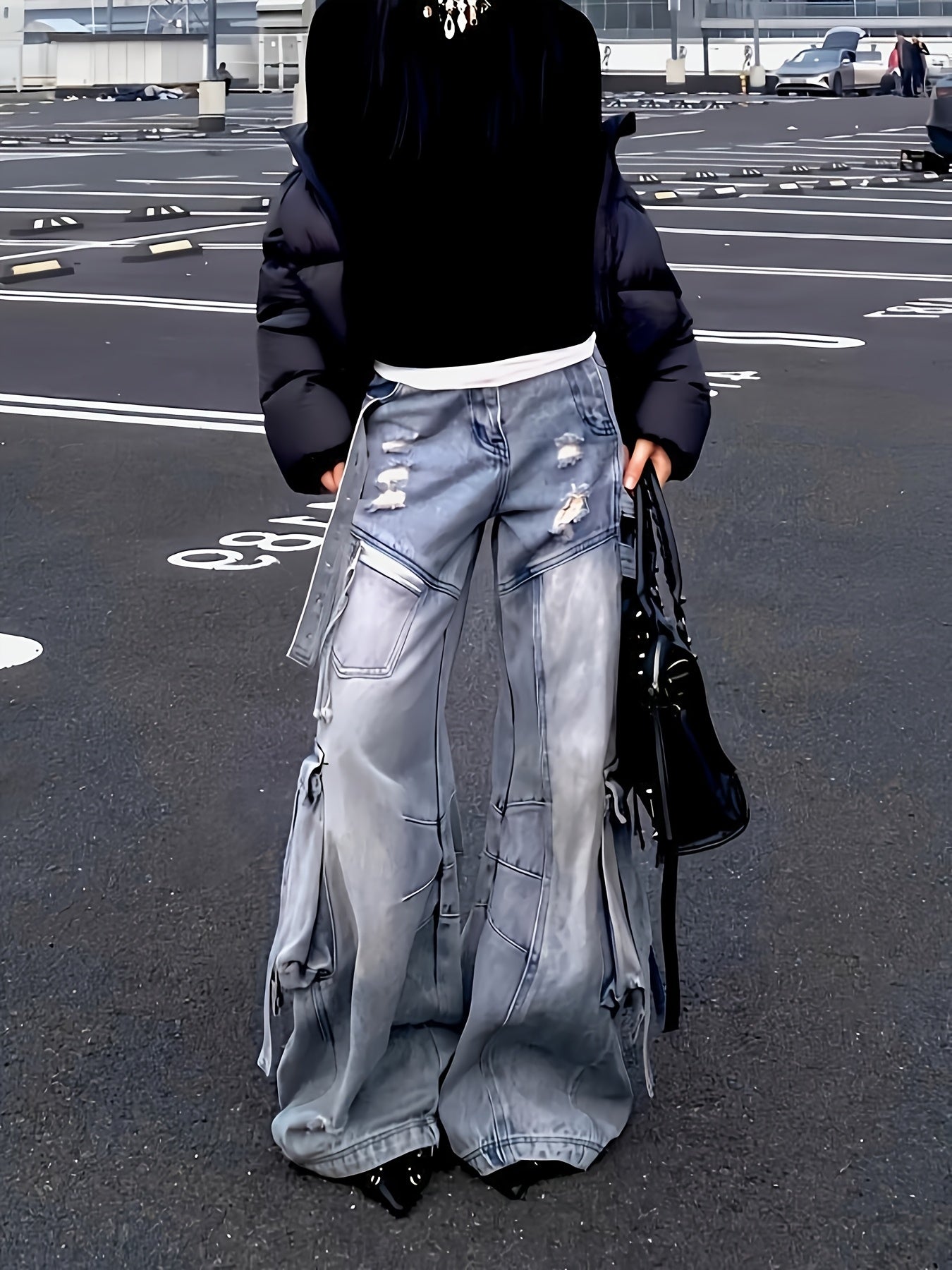 Cargo Faux Denim with Multiple Utility Pockets