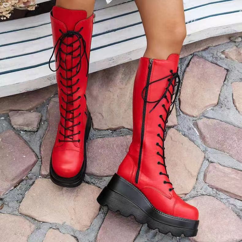 Punk Gothic Chunky Platform Boots with Butterfly Lace-Up Ankle & Calf Straps