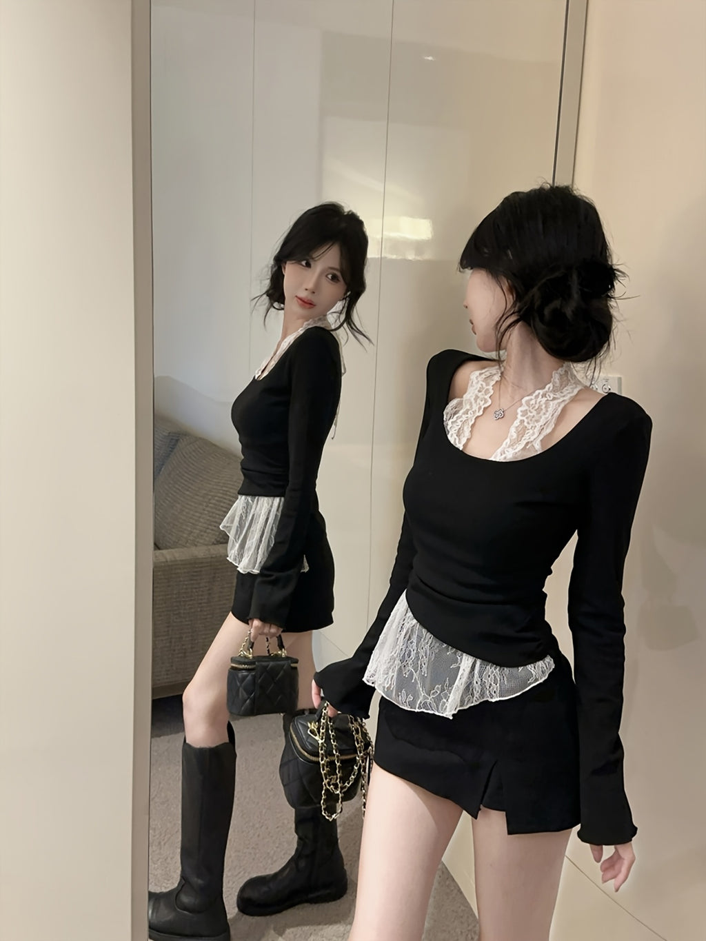 Lace Turtleneck Long-Sleeve Top