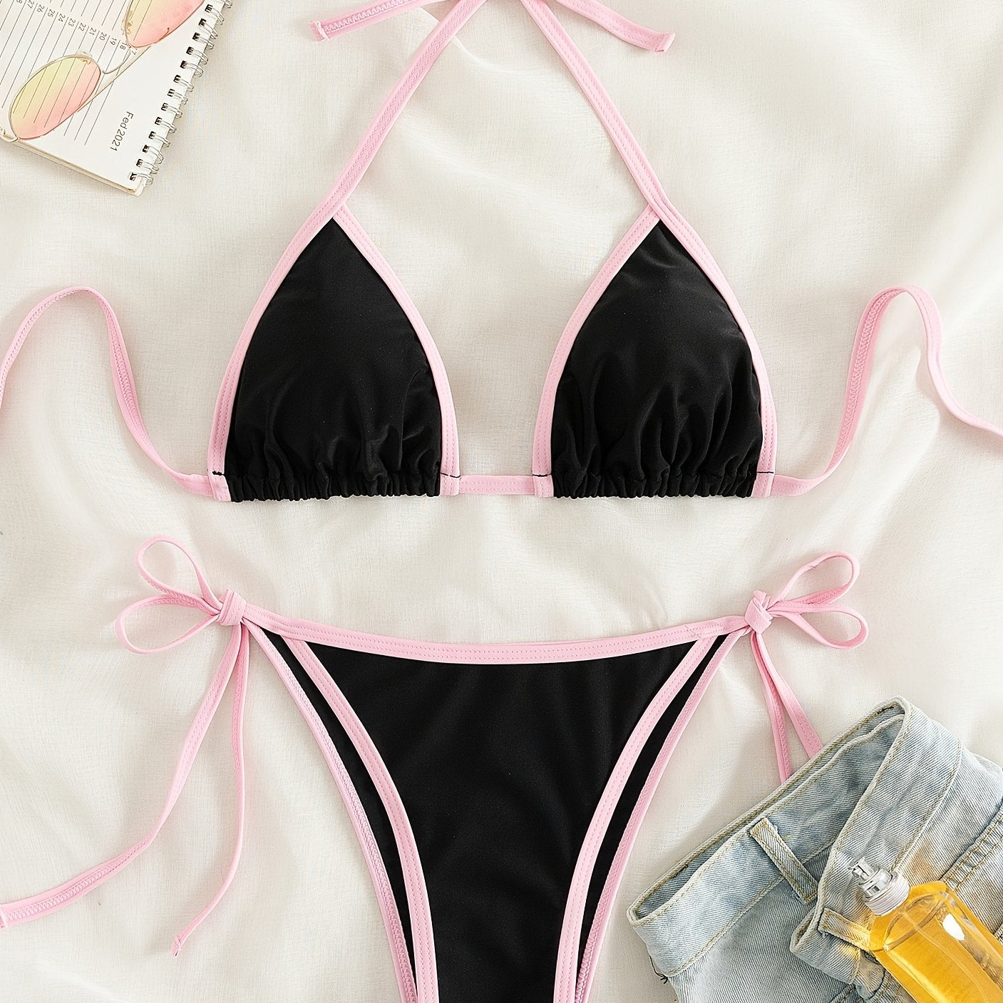 Contrast Trim Tie Side 2 Piece Bikini Swimsuit