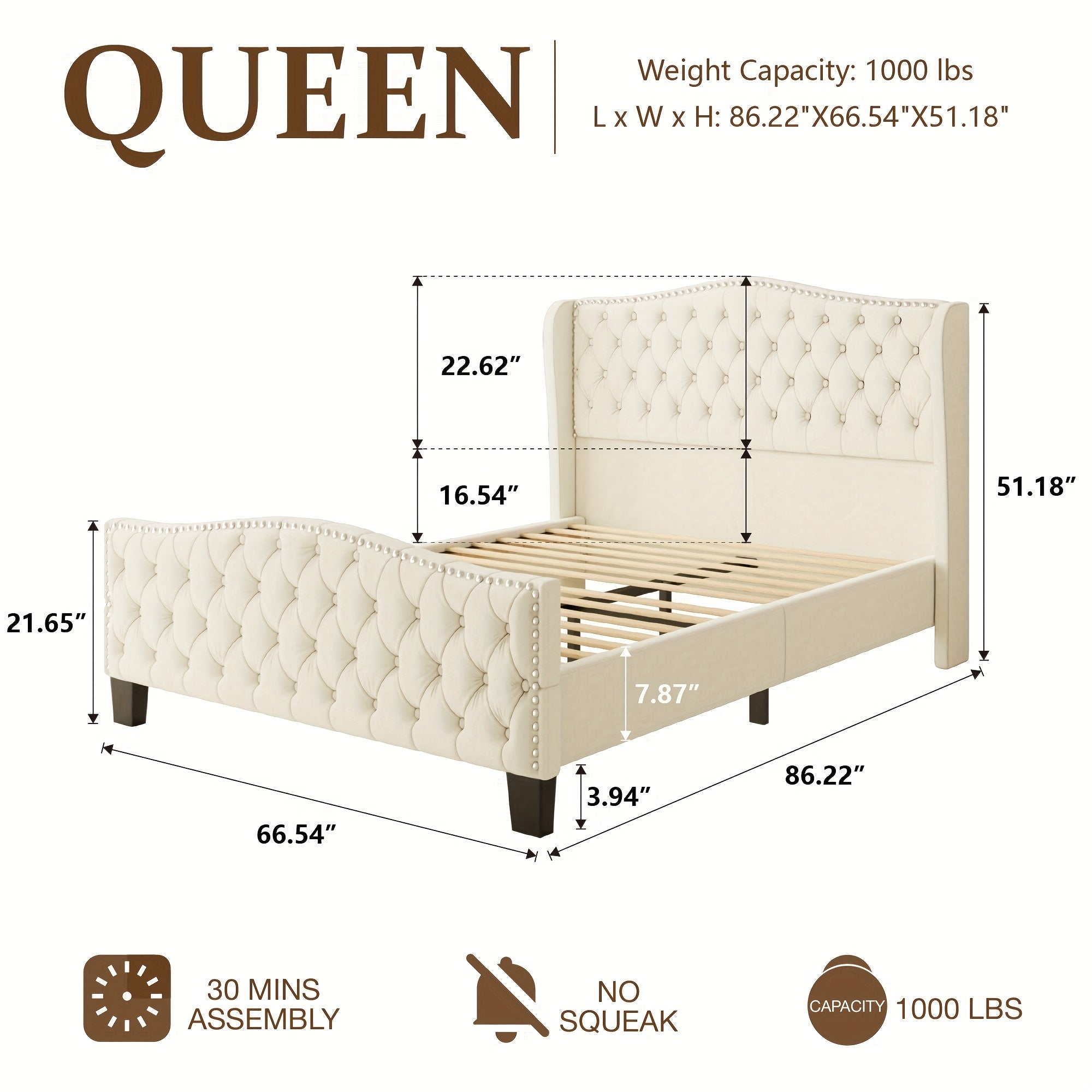 Queen Tufted Velvet Bed Frame with Wingback Headboard & Nailhead Trim