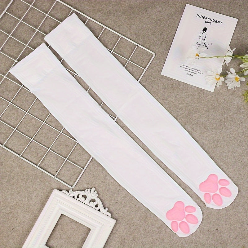 1 Pair Women's 3D Cat Paw Over-the-Knee Socks - Black Silicone Cosplay Socks with Pink Pads, Cute Kawaii Fashion Accessories for Themed Events & Daily Wear, Themed Event Accessory, Soft Fabric Construction, Costume Accessory,