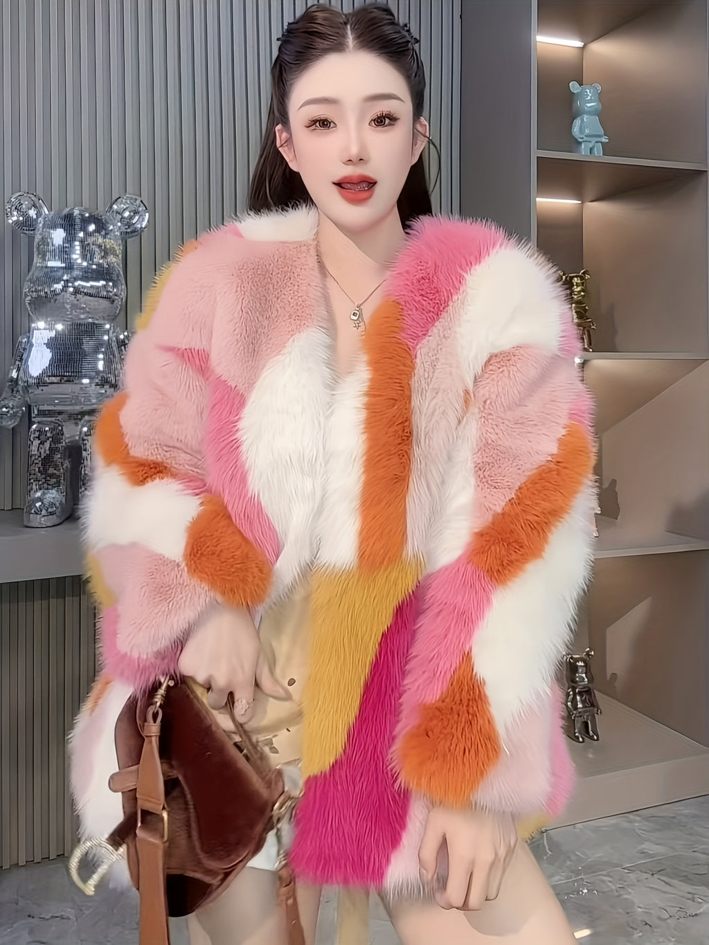 Rainbow Color Block Faux Fur Coat