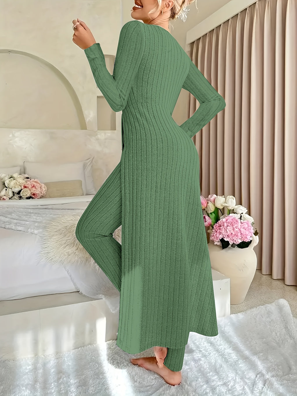 Two-piece Set of Ribbed Long-sleeved Top and Pants