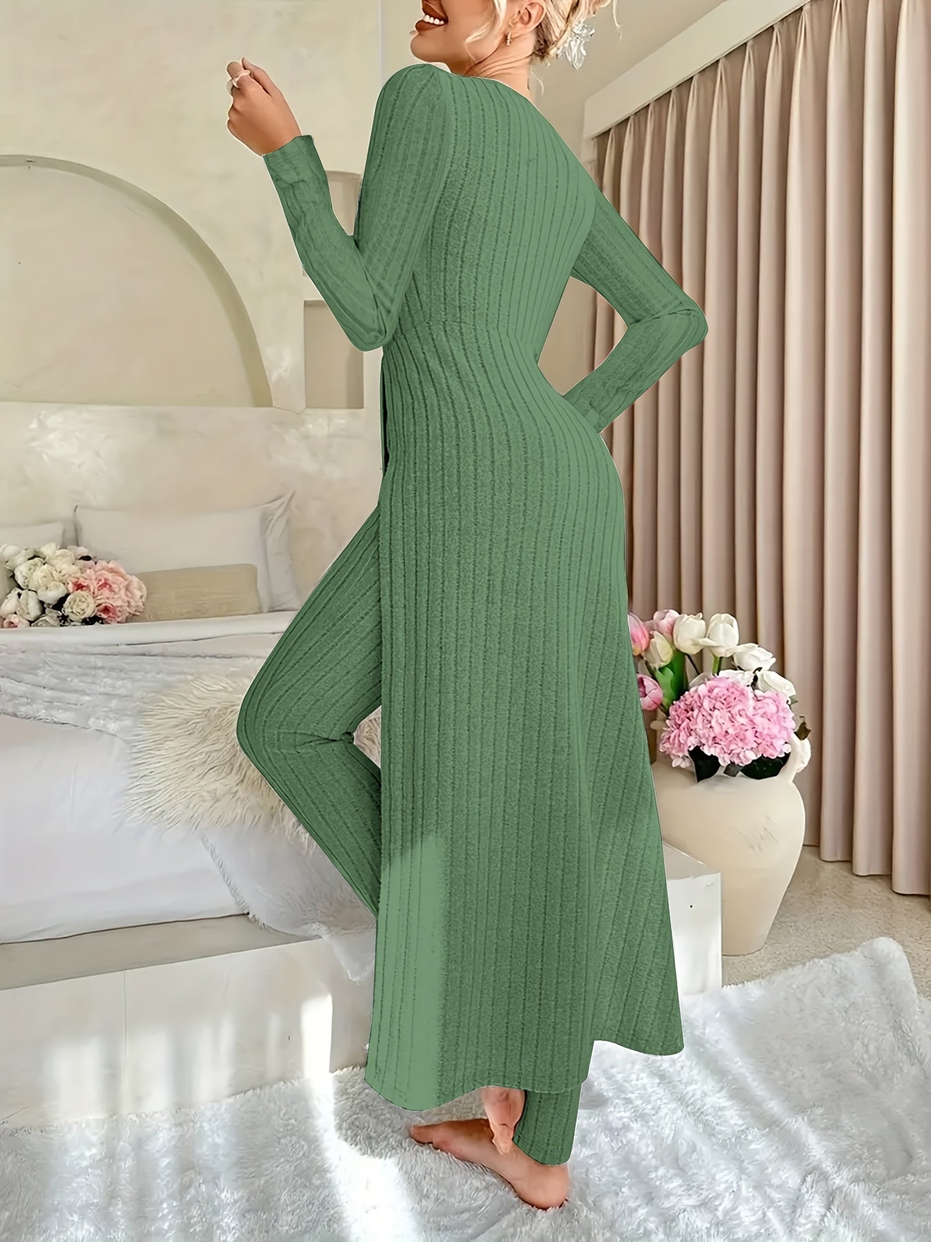 Two-piece Set of Ribbed Long-sleeved Top and Pants