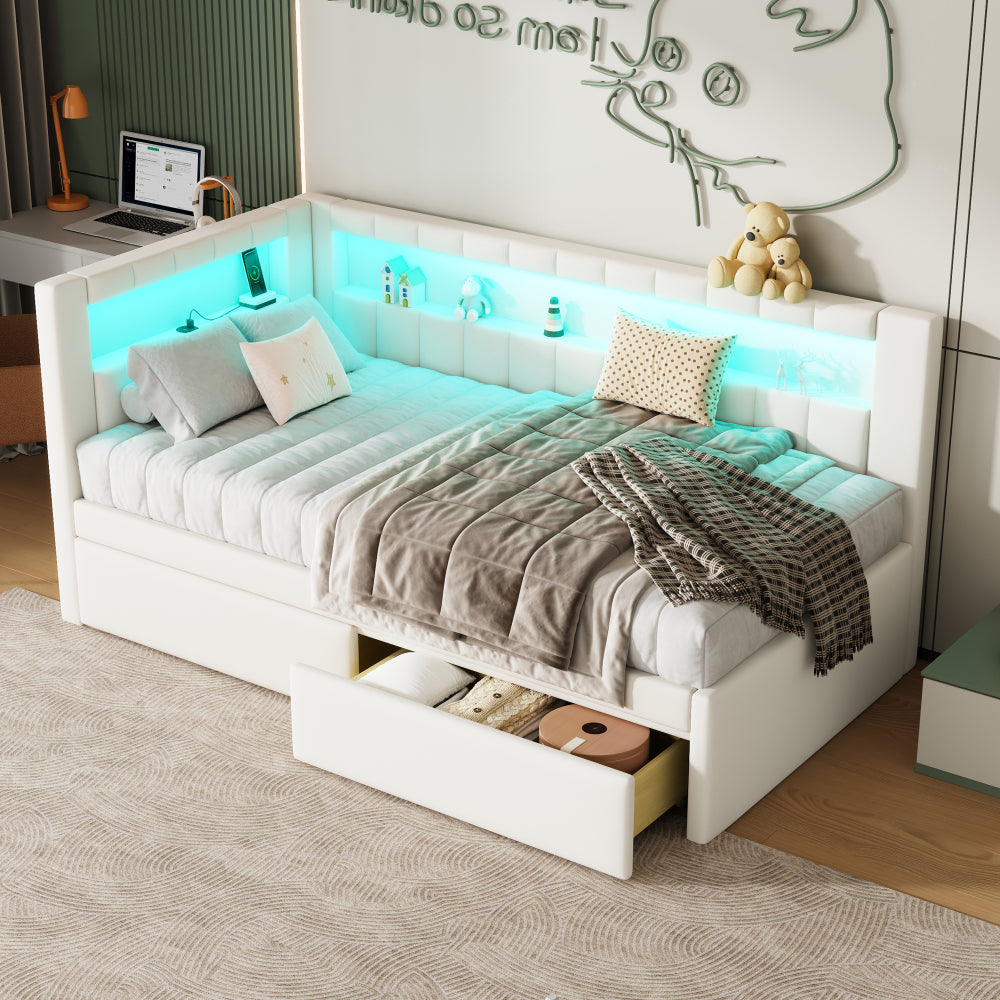 Modern White Upholstered Twin Size Platform Bed with USB Ports & RGB LED