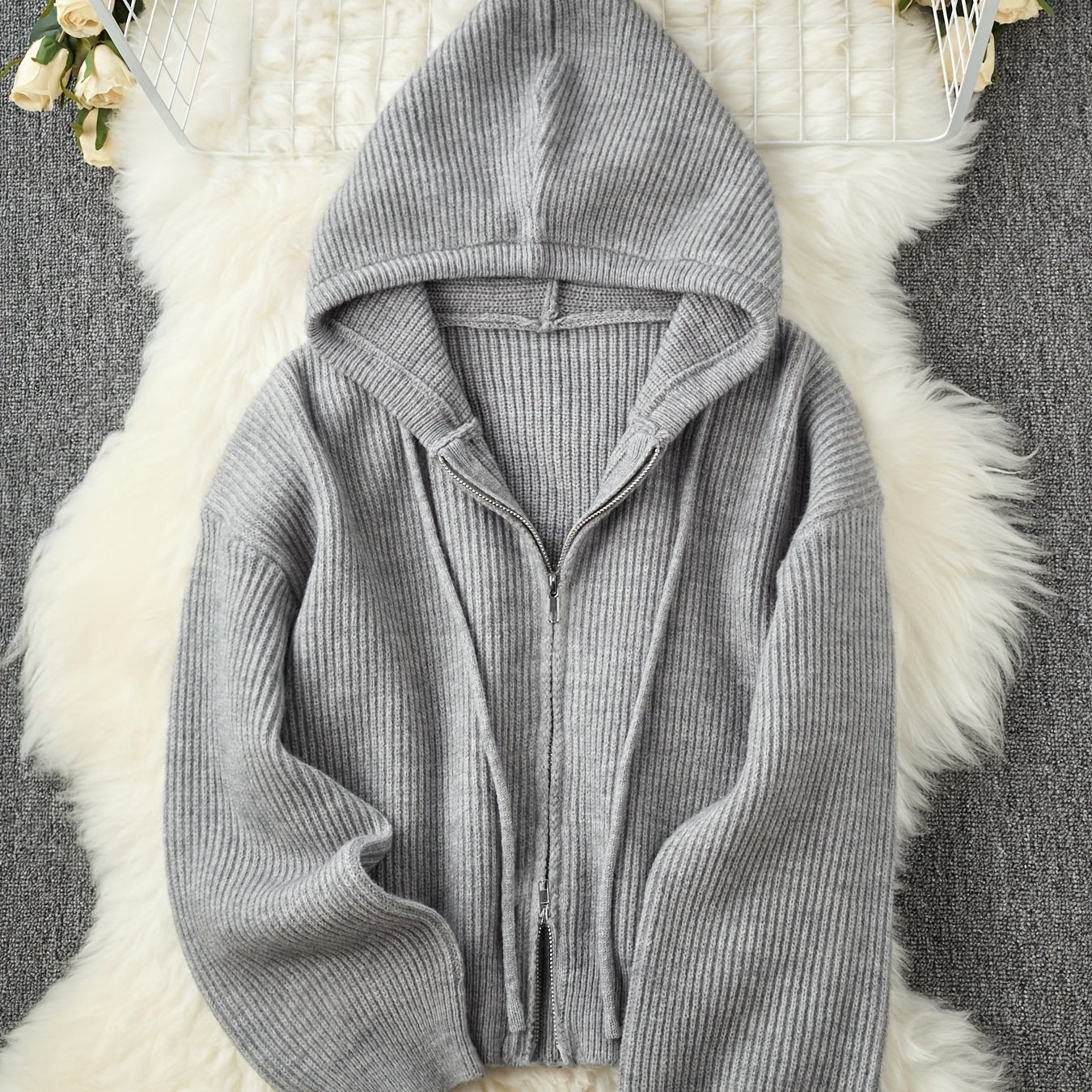 Women's Casual Hooded Cardigan Sweater - Thickened Winter with Double Zipper Front, Ribbed Cuffs & Hem, Medium Stretch, Solid Color for Fall and Winter, Sweater Cardigan