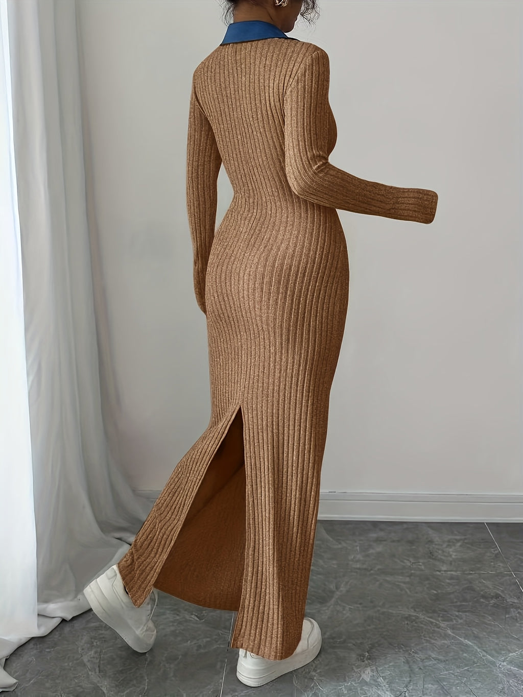 Long Sleeve Slim-Fit Autumn/Winter Dress with Contrast Stripe and Collar Button Design