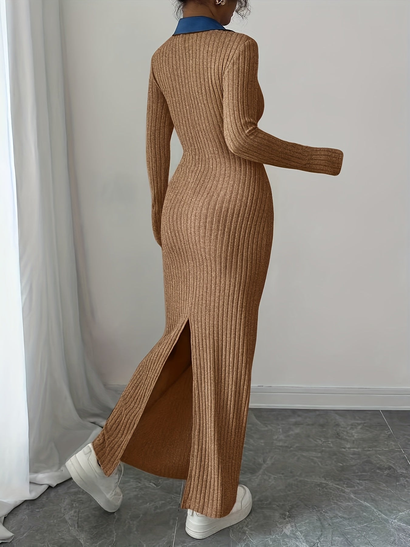 Long Sleeve Slim-Fit Autumn/Winter Dress with Contrast Stripe and Collar Button Design